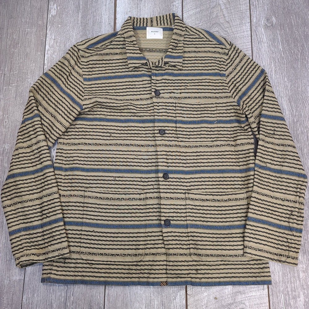 Billy Reid Camp Shirt Mens Large Tan Scroll Striped Jacquard Coat
